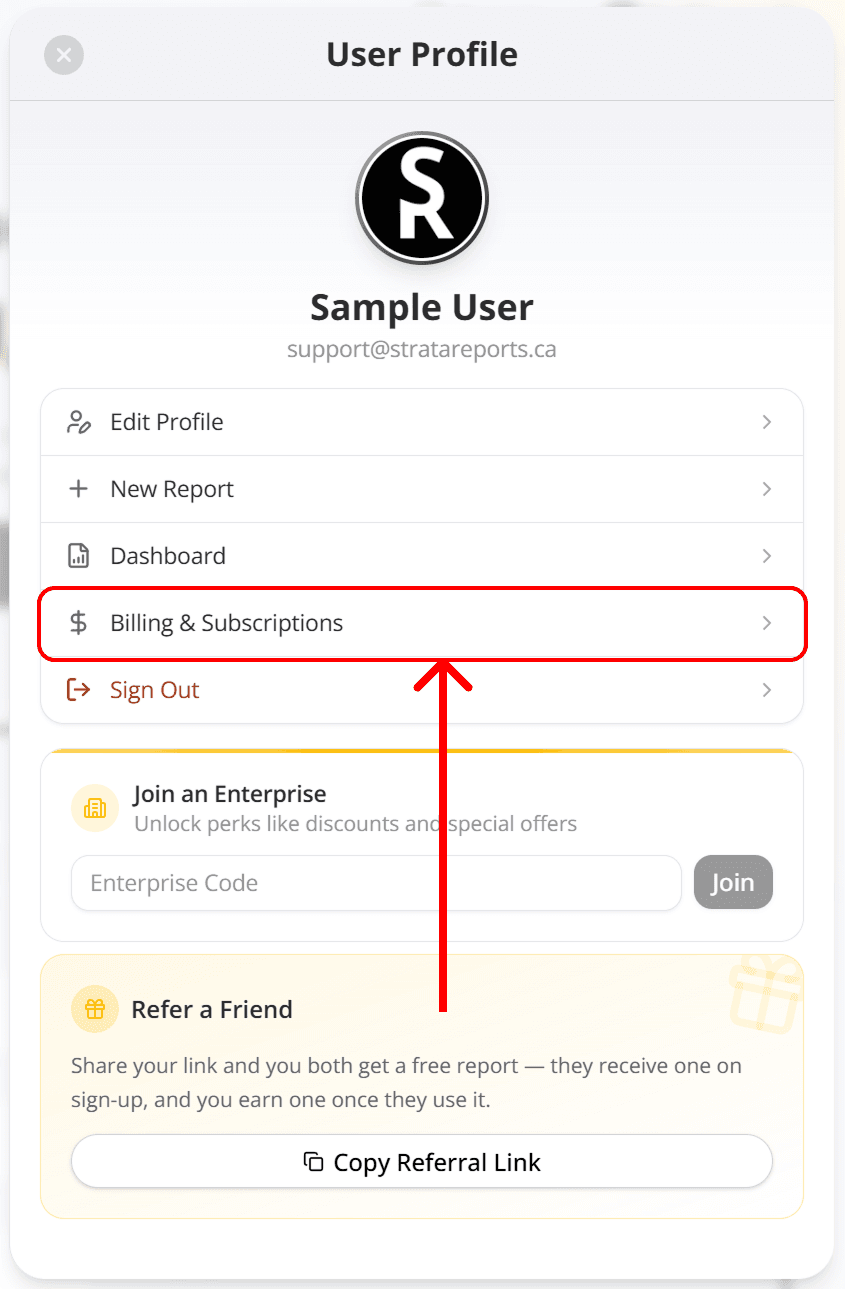 The profile panel with the Billing & Subscriptions row highlighted