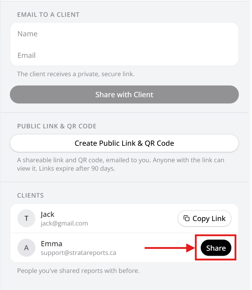 Previous clients list with share buttons
